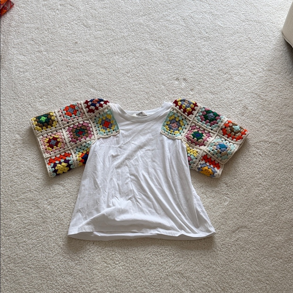 White Shirt with Colorful Crochet Sleeves